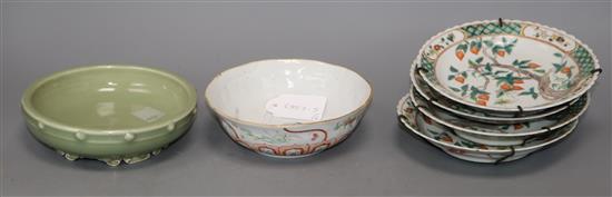 A Chinese celadon glazed brushwasher and five Tongzhi period porcelain dishes